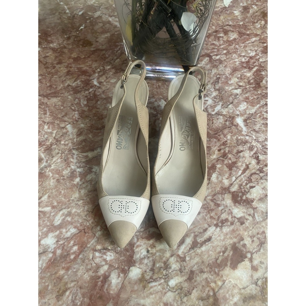 Salvatore Ferragamo Cream Beige Leather Pointed Toe Slingback Pump 7B EUC, $595 - Picture 1 of 11